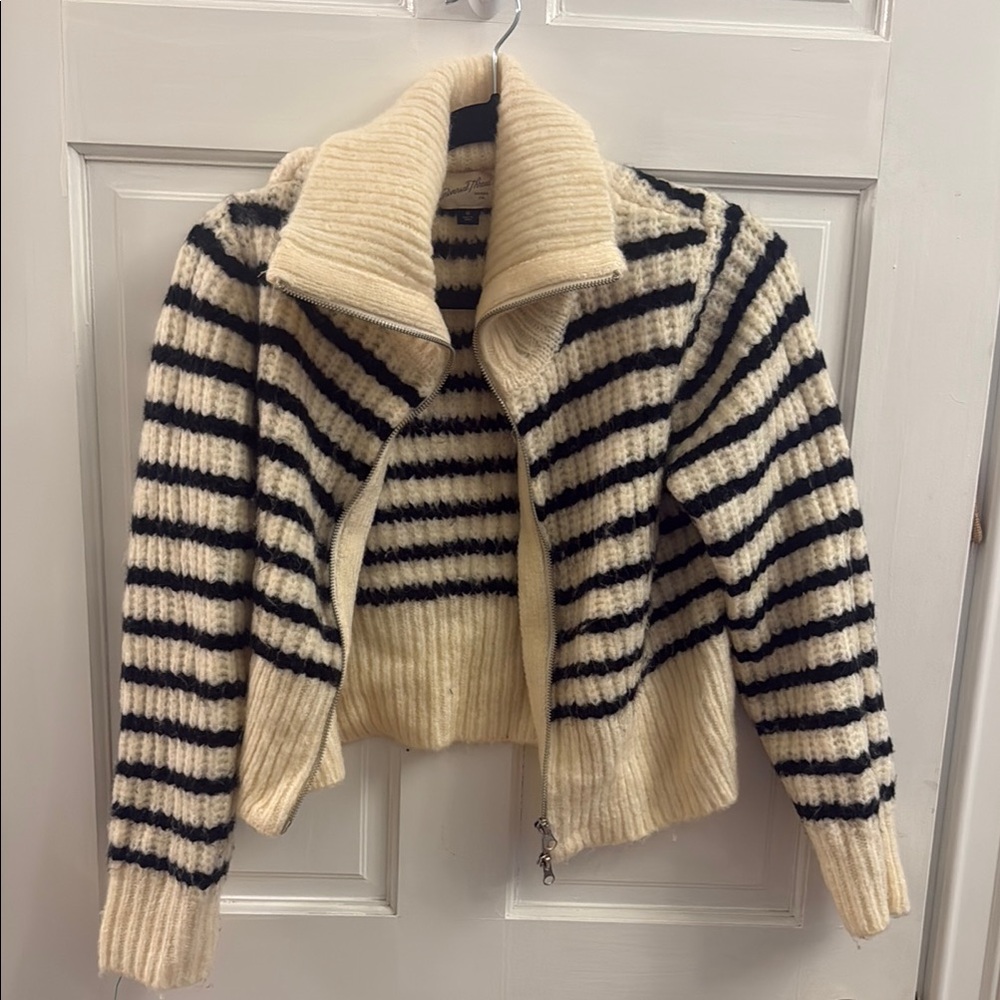 Cream and Black Striped Women's Sweater Jacket